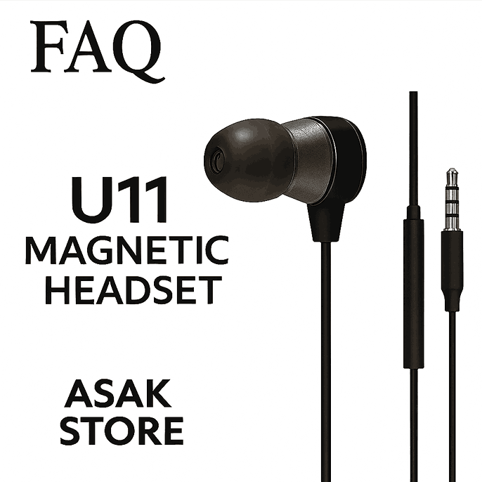 در این تصویر، هدفون مغناطیسی U11 از برند ASAK STORE به‌صورت برجسته نمایش داده شده است. طراحی مینیمال، فونت مشکی و عبارت FAQ نشان‌دهنده بخش سوالات متداول محصول است. این هدفون با کیفیت صدای Hi-Fi، میکروفون داخلی و سازگاری با تمام دستگاه‌های مجهز به جک ۳.۵ میلی‌متری، انتخابی مناسب برای استفاده روزمره، تماس و موسیقی است.