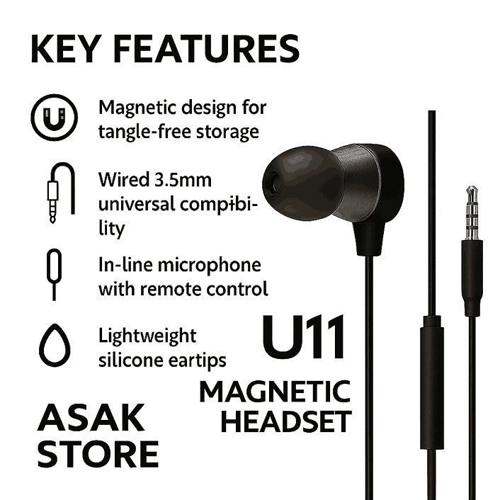 تصویر هدفون U11 از برند ASAK STORE با زاویه متفاوت، همراه با لیست ویژگی‌های کلیدی شامل طراحی مغناطیسی، سازگاری با جک ۳.۵ میلی‌متری، میکروفون داخلی و سری‌های سیلیکونی سبک، در سبک ژورنالی و زمینه سفید.