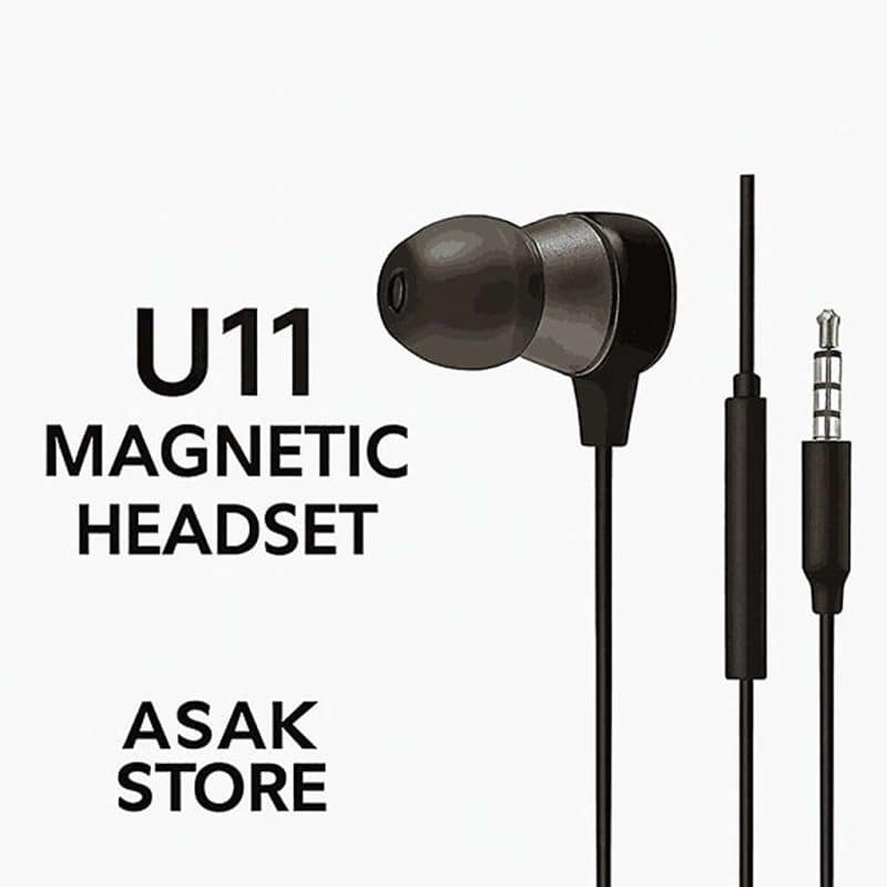 تصویر تبلیغاتی هدفون مغناطیسی BQZ U11 از برند ASAK STORE شامل نمای نزدیک از گوشی، کابل، کنترلر داخلی و جک ۳.۵ میلی‌متری با طراحی مشکی و متالیک.